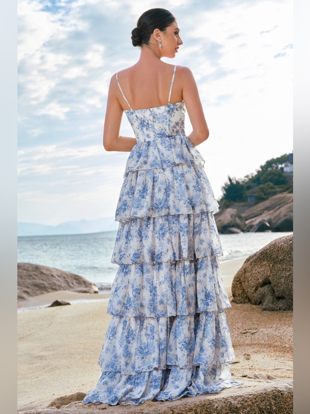 Romantic Blue Floral Tiered Maxi Dress with Spaghetti Straps - Picture 3 of 9